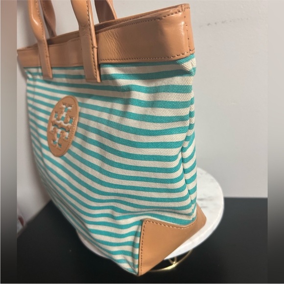 Tory Sophia Canvas Burch Aqua and Tan Striped Tote - Picture 9 of 15